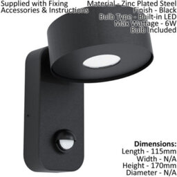 Ip44 Rated Black Outdoor Wall Light With Pir Sensor And Built-In 6W Led - thumbnail 2