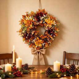 Amorly 45Cm Artificial Harvest Fall Wreath For Front Door,autumn Floral Wreath With Maple Leaves And Burlap Bow,indoor Outdoor Home Decor - thumbnail 4