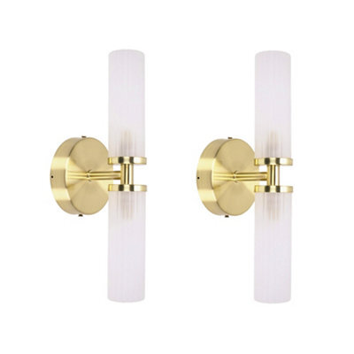 Valuelights Canya Pair Of Brushed Gold Ip44 Up Down 2 Way Frosted Reeded Glass Wall Lights - image 1