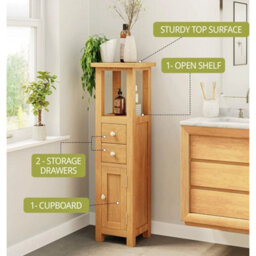 Corner Storage Cabinet, Oak Wood Slim Bathroom Cabinet, Top Tower Cupboard Unit - thumbnail 6