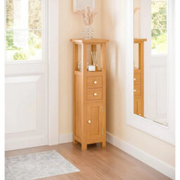 Corner Storage Cabinet, Oak Wood Slim Bathroom Cabinet, Top Tower Cupboard Unit - thumbnail 5