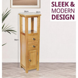 Corner Storage Cabinet, Oak Wood Slim Bathroom Cabinet, Top Tower Cupboard Unit - thumbnail 2