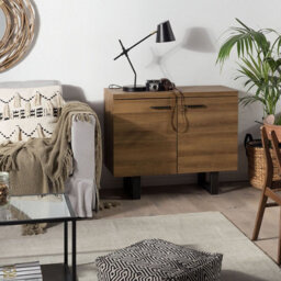 Beliani 2-Door Sideboard Dark Brown Wood-Effect Veneer With Graphite Grey Metal Base, 4 Shelves - W94 X D42 X H79Cm - thumbnail 2
