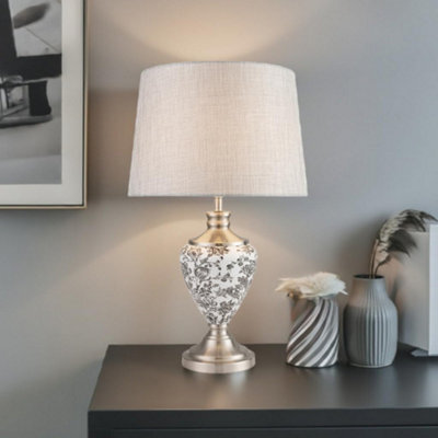Lighting Supermarket Hepburn Large Ceramic Table Lamp Grey Linen Shade Black Printed Finish 58Cm - image 1