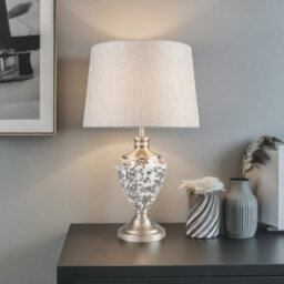 Lighting Supermarket Hepburn Large Ceramic Table Lamp Grey Linen Shade Black Printed Finish 58Cm