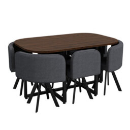 Btm 7 Piece Dining Set, 140X90Cm Wooden Dining Table With 6 Linen Chairs, Walnut And Grey, Metal Legs - thumbnail 9