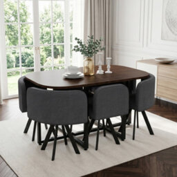 Btm 7 Piece Dining Set, 140X90Cm Wooden Dining Table With 6 Linen Chairs, Walnut And Grey, Metal Legs - thumbnail 2