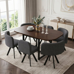 Btm 7 Piece Dining Set, 140X90Cm Wooden Dining Table With 6 Linen Chairs, Walnut And Grey, Metal Legs