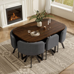 Btm 7 Piece Dining Set, 140X90Cm Wooden Dining Table With 6 Linen Chairs, Walnut And Grey, Metal Legs - thumbnail 3
