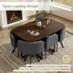 Btm 7 Piece Dining Set, 140X90Cm Wooden Dining Table With 6 Linen Chairs, Walnut And Grey, Metal Legs - thumbnail 7