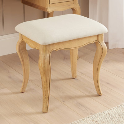 The Furniture Market French Chateau Oak Dressing Table Stool Solid French Style Stool Natural Linen Upholstered Seat Hand-Carved Cabriole Legs - image 1