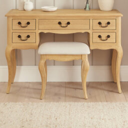 The Furniture Market French Chateau Oak Dressing Table Stool Solid French Style Stool Natural Linen Upholstered Seat Hand-Carved Cabriole Legs - thumbnail 2