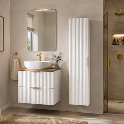 Impact Furniture Bathroom Furniture Set 600mm Vanity Unit Sink Oak Worktop Tallboy Wall Storage Cabinet White Ribbed Fluted Adel - image 1
