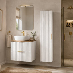 Impact Furniture Bathroom Furniture Set 600mm Vanity Unit Sink Oak Worktop Tallboy Wall Storage Cabinet White Ribbed Fluted Adel - thumbnail 1