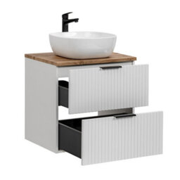 Impact Furniture Bathroom Furniture Set 600mm Vanity Unit Sink Oak Worktop Tallboy Wall Storage Cabinet White Ribbed Fluted Adel - thumbnail 4