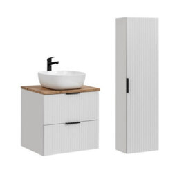 Impact Furniture Bathroom Furniture Set 600mm Vanity Unit Sink Oak Worktop Tallboy Wall Storage Cabinet White Ribbed Fluted Adel - thumbnail 3