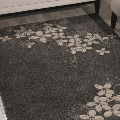 Charcoal Floral ,luxurious Modern Easy To Clean Rug For Bedroom & Living Room -66 X 229Cm (Runner)