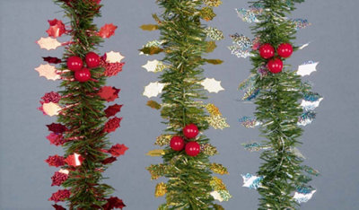 Premier Christmas Xmas Tinsel Garland And Holly 2.7 Meter Long Varies Designs