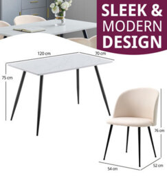 Hallowood Furniture Cullompton Rectangular Dining Table (120X70Cm), White Marble Effect Top, With 4 Soft Beige Fabric Chairs - thumbnail 3