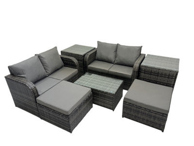 Fimous Outdoor Love Sofa Coffee Table Set Garden Rattan Furniture Set 6 Seater With 2 Side Tables 2 Big Stools Dark Grey - image 1