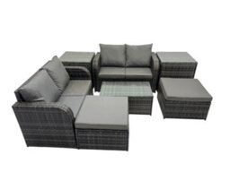 Fimous Outdoor Love Sofa Coffee Table Set Garden Rattan Furniture Set 6 Seater With 2 Side Tables 2 Big Stools Dark Grey - thumbnail 2