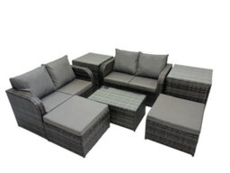 Fimous Outdoor Love Sofa Coffee Table Set Garden Rattan Furniture Set 6 Seater With 2 Side Tables 2 Big Stools Dark Grey - thumbnail 1