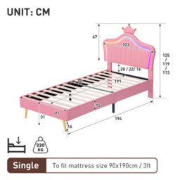 Abrihome 3Ft Pink Pu Leather Upholstered Bed With Led Adjustable Crown Headboard - Single Bed Frame With Wood Slats, No Box Spring - thumbnail 8