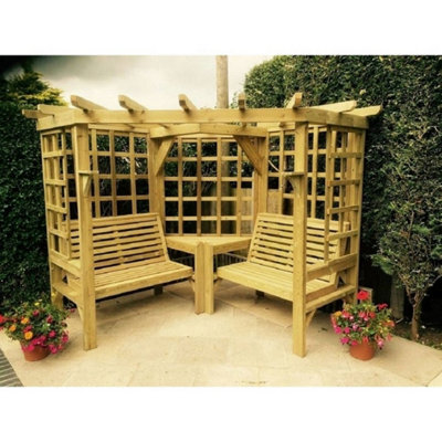 Churnet Valley Garden Furniture Ltd Clementine Corner Garden Arbour - 4 Seat, 2 Bench & Coffee Table - L150 X W290 X H205 Cm - Set Of Waterproof Cushions Included - image 1