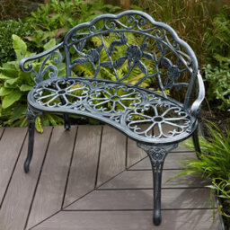 Home Source Ornate Rose Detail Metal Outdoor Garden Bench Grey - thumbnail 3