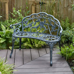 Home Source Ornate Rose Detail Metal Outdoor Garden Bench Grey - thumbnail 2