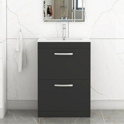 Royal Bathrooms Turin 600mm Matt Black Floor Standing Vanity Unit 2 Drawer With Minimalist Basin - image 1
