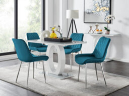 Furniturebox Giovani Rectangular 4 Seat White High Gloss Unique Halo Base Dining Table Grey Glass Top 4 Blue Velvet Silver Leg Pesaro Chairs