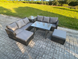 Fimous Rattan Garden Furniture Dining Set 8 Seater Patio Rectangular Table 2 Big Footstool Side Table Dark Grey Mixed - thumbnail 2