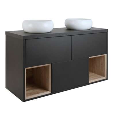 Homestylestore Black Grey 1200mm Led Lit Wall Hung Bathroom Vanity Unit Round Chalk Countertop Basins Open Shelves - image 1