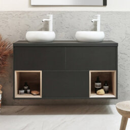 Homestylestore Black Grey 1200mm Led Lit Wall Hung Bathroom Vanity Unit Round Chalk Countertop Basins Open Shelves - thumbnail 2