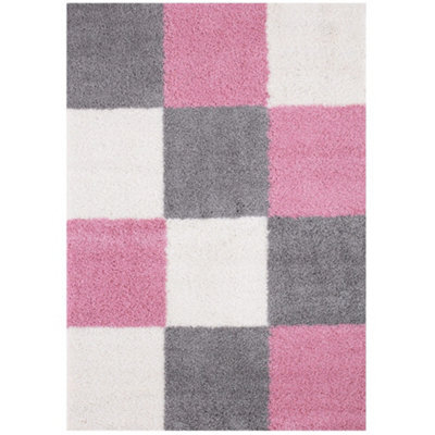 The Rugs Pink Grey And Ivory Soft Checkerboard Design Fluffy Shaggy Rugs And Runners High Pile Living Room Kitchen Hallway 381 - image 1