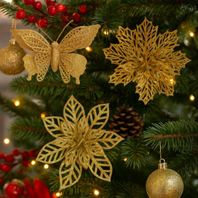6 Pack Gold Glitter Decorative Clips - Christmas Butterfly & Flower Ornaments - image 1