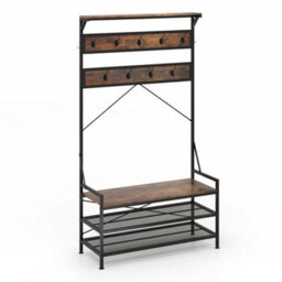 Mudroom Industrial Entryway Bench 4-In-1 Hall Tree-Brown