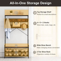 Mudroom Industrial Entryway Bench 4-In-1 Hall Tree-Brown - thumbnail 3
