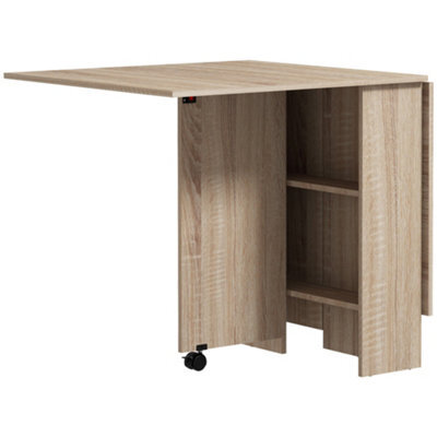 Wyld Haus Vasufa Extendable Drop-Leaf Dining Table Natural Wood Effect Seats 4 To 6 With Shelves And Wheels - image 1