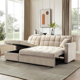 Home Detail Harry Pull-Out Sofa Bed With Reversible Storage Chaise, Beige Linen - thumbnail 2