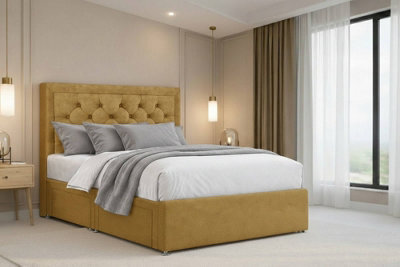 "Nexus Tuscany Mustard Plush Divan Bed Base No Drawers With 26"" Strutted Headboard 3' Single" - image 1