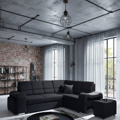 Wakiki Corner Sofa Bed With Two Ottomans Foam Wave Springs Wooden Frame Storage 260X96X190Cm Black Right - image 1