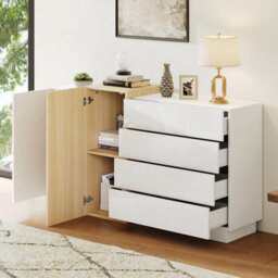 Abrihome White High Gloss Sideboard Cupboard With 4 Drawers And 2 Doors, Modern Display Storage Cabinet Natural Wood Color, For Living Room - thumbnail 9