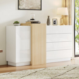 Abrihome White High Gloss Sideboard Cupboard With 4 Drawers And 2 Doors, Modern Display Storage Cabinet Natural Wood Color, For Living Room - thumbnail 8