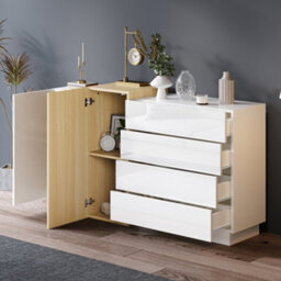 Abrihome White High Gloss Sideboard Cupboard With 4 Drawers And 2 Doors, Modern Display Storage Cabinet Natural Wood Color, For Living Room - thumbnail 2