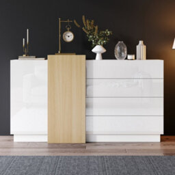 Abrihome White High Gloss Sideboard Cupboard With 4 Drawers And 2 Doors, Modern Display Storage Cabinet Natural Wood Color, For Living Room
