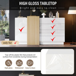 Abrihome White High Gloss Sideboard Cupboard With 4 Drawers And 2 Doors, Modern Display Storage Cabinet Natural Wood Color, For Living Room - thumbnail 3