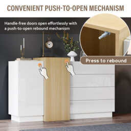 Abrihome White High Gloss Sideboard Cupboard With 4 Drawers And 2 Doors, Modern Display Storage Cabinet Natural Wood Color, For Living Room - thumbnail 6