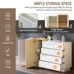 Abrihome White High Gloss Sideboard Cupboard With 4 Drawers And 2 Doors, Modern Display Storage Cabinet Natural Wood Color, For Living Room - thumbnail 5